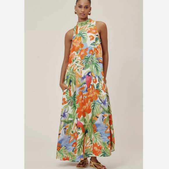 Farm Rio Anthropologie Halter Maxi Dress Haven Size S NWT Parrots Floral Toucan - Picture 2 of 5
